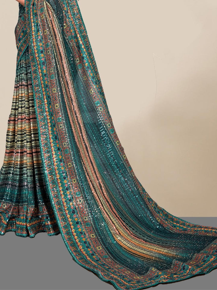 Striped Digital Print Saree with Allover Sequin Embroidery