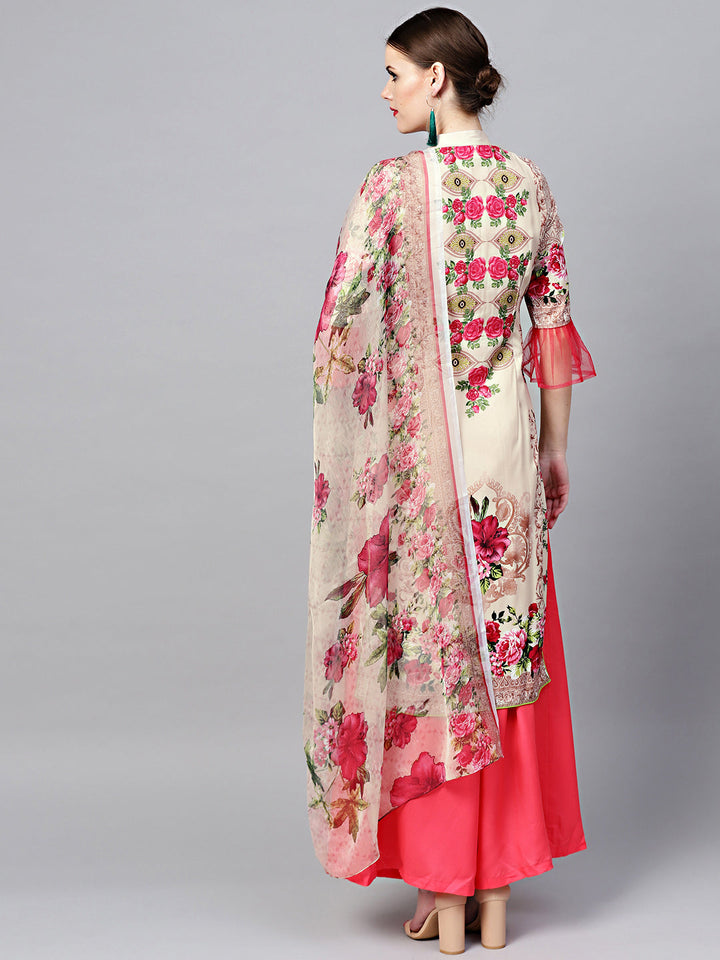 Floral Print Crepe Kurta Set with Chiffon Dupatta