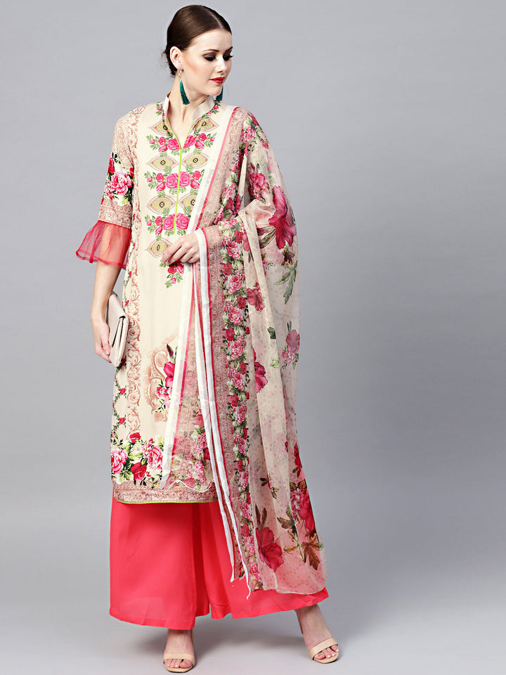 Floral Print Crepe Kurta Set with Chiffon Dupatta