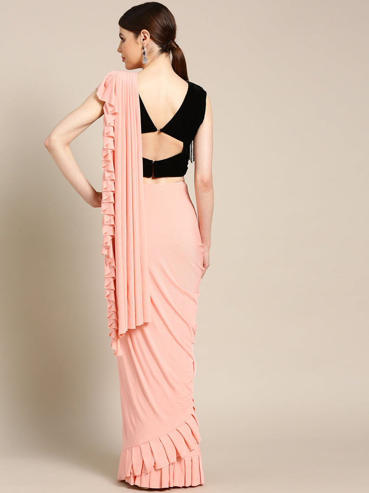 Draped Ruffled Lycra Pre-stitched Saree with Velvet Crystal Embellished Tassled Blouse
