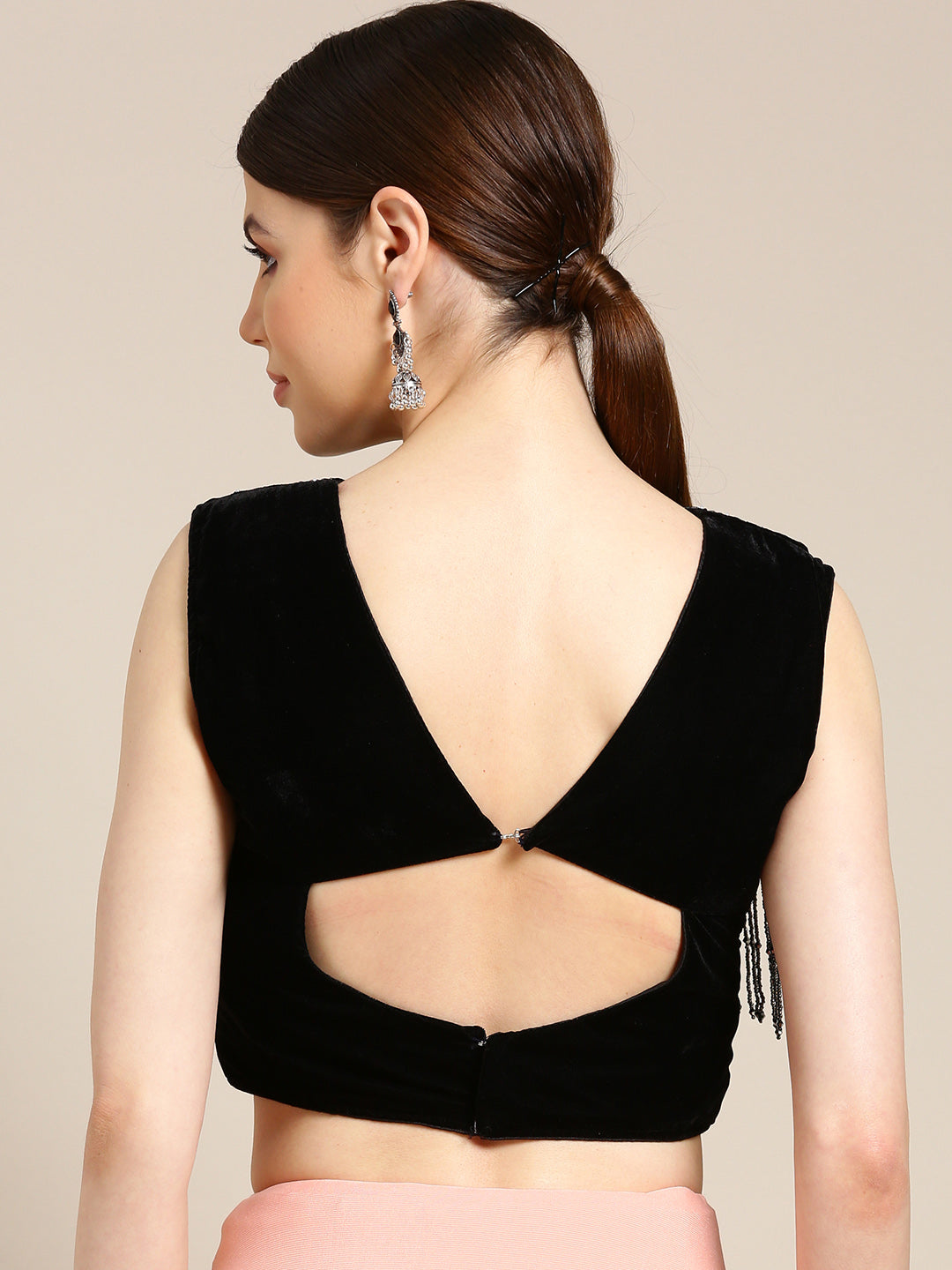 Draped Ruffled Lycra Pre-stitched Saree with Velvet Crystal Embellished Tassled Blouse