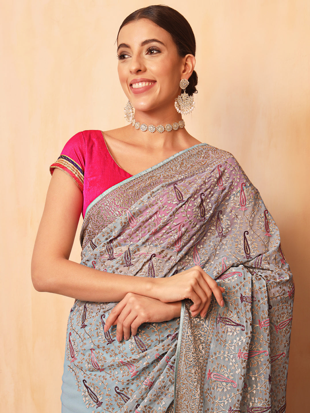 Ice Blue Party Wear Saree with Zari and Embroidered Paisley motifs