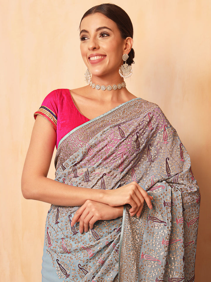 Ice Blue Party Wear Saree with Zari and Embroidered Paisley motifs