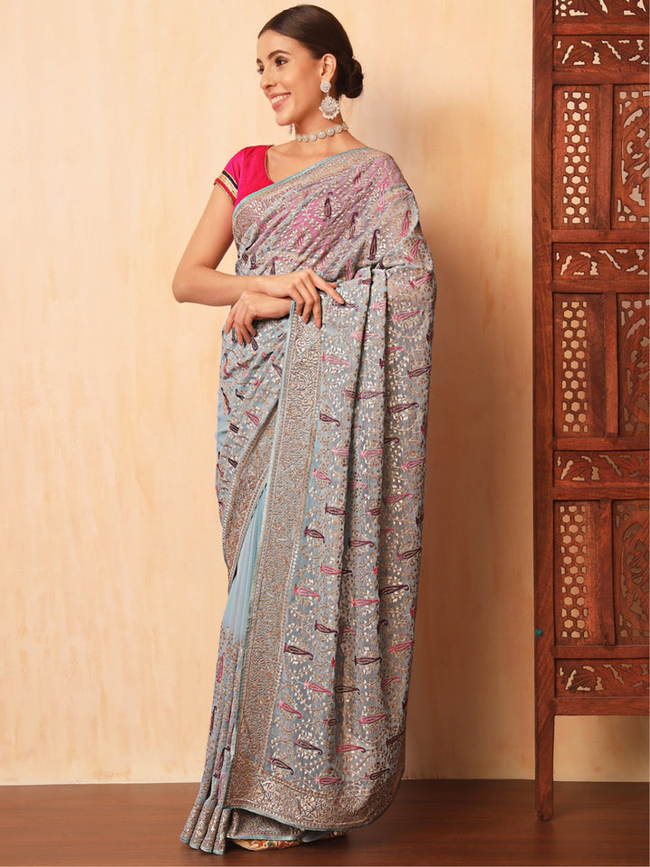 Ice Blue Party Wear Saree with Zari and Embroidered Paisley motifs