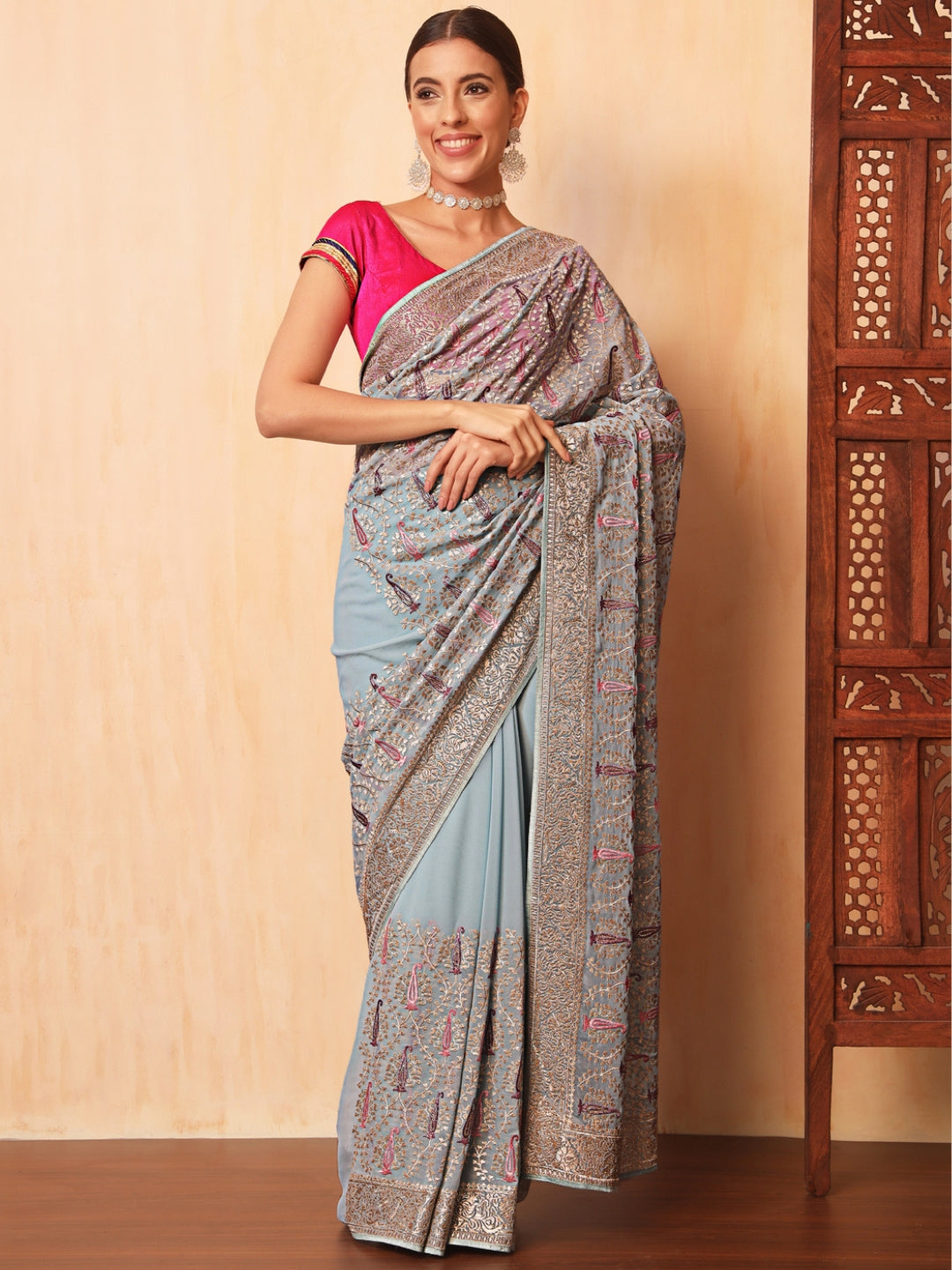 Ice Blue Party Wear Saree with Zari and Embroidered Paisley motifs