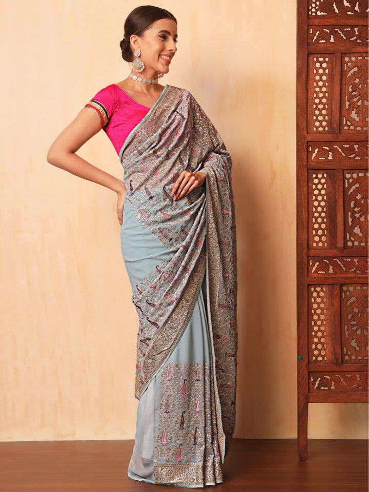 Ice Blue Party Wear Saree with Zari and Embroidered Paisley motifs