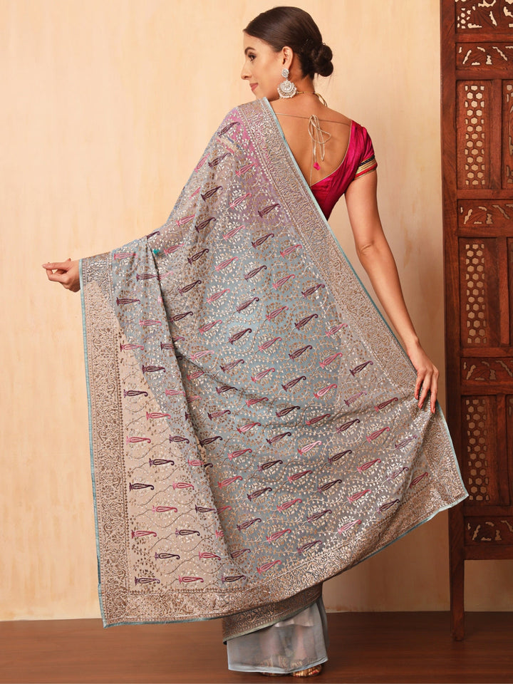 Ice Blue Party Wear Saree with Zari and Embroidered Paisley motifs