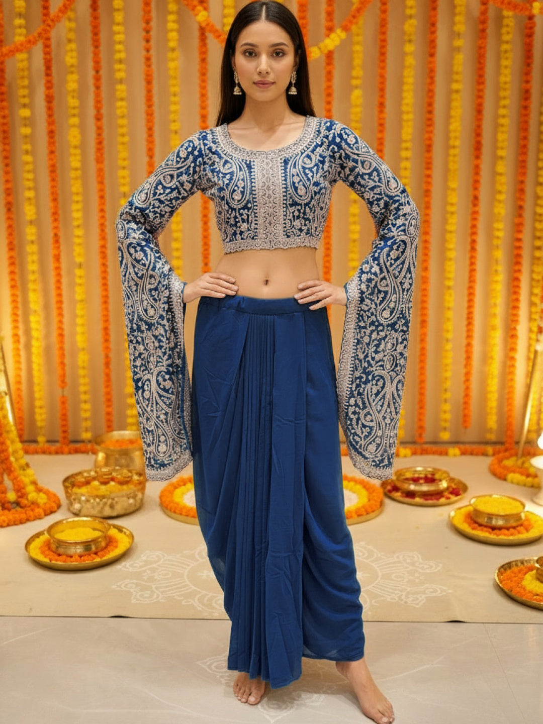 Aari Embroidered Crop Top with Statement Flared Bell Sleeves & Draped Dhoti Skirt