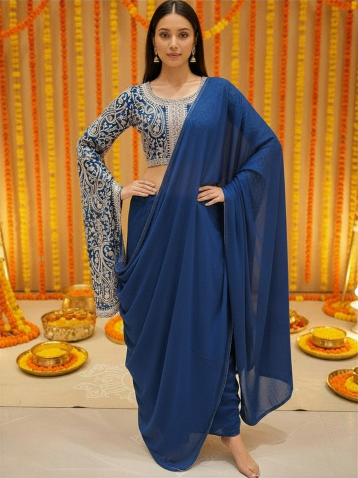 Aari Embroidered Crop Top with Statement Flared Bell Sleeves & Draped Dhoti Skirt