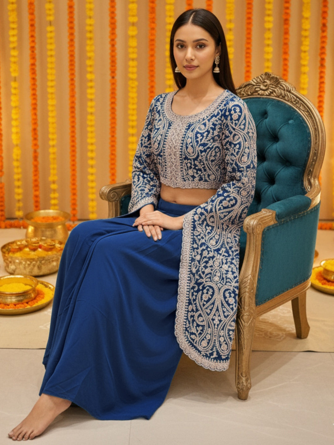 Aari Embroidered Crop Top with Statement Flared Bell Sleeves & Draped Dhoti Skirt