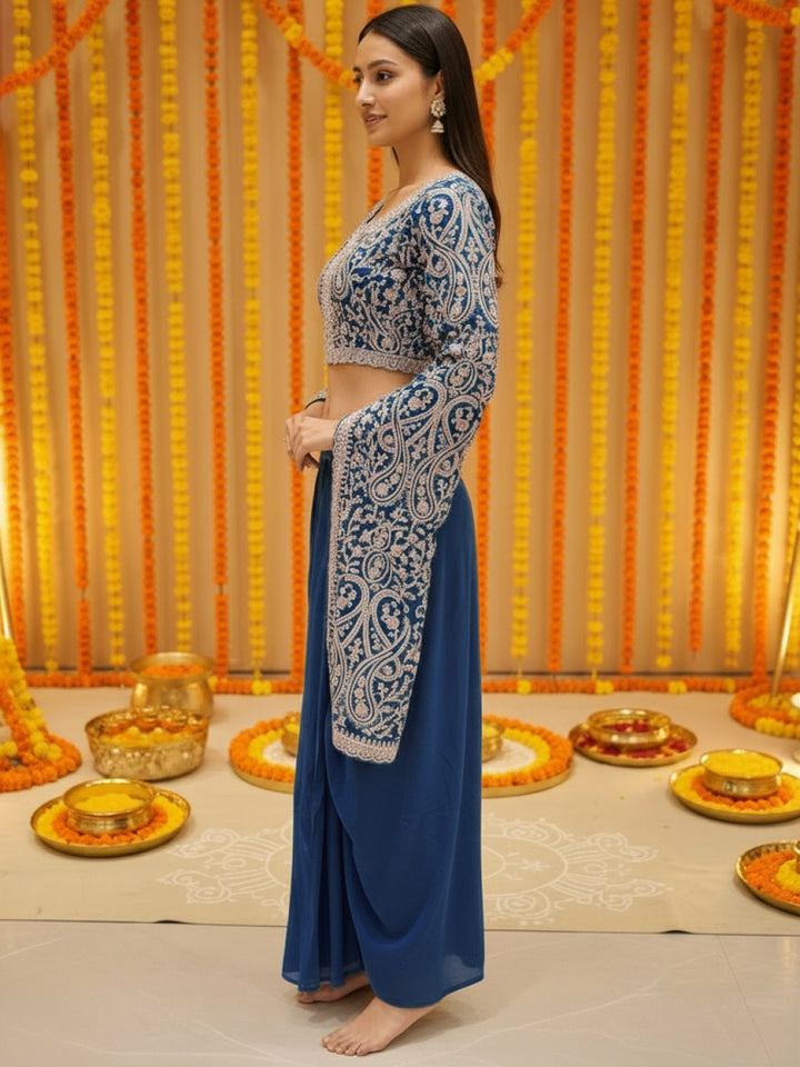 Aari Embroidered Crop Top with Statement Flared Bell Sleeves & Draped Dhoti Skirt