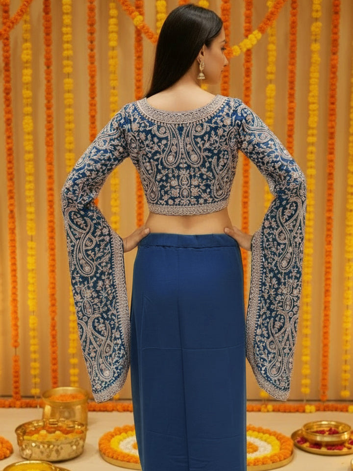 Aari Embroidered Crop Top with Statement Flared Bell Sleeves & Draped Dhoti Skirt