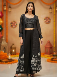 Floral Sequin Embroidered Jacket with Ikat Print Cinched Crop Top & Palazzo Set