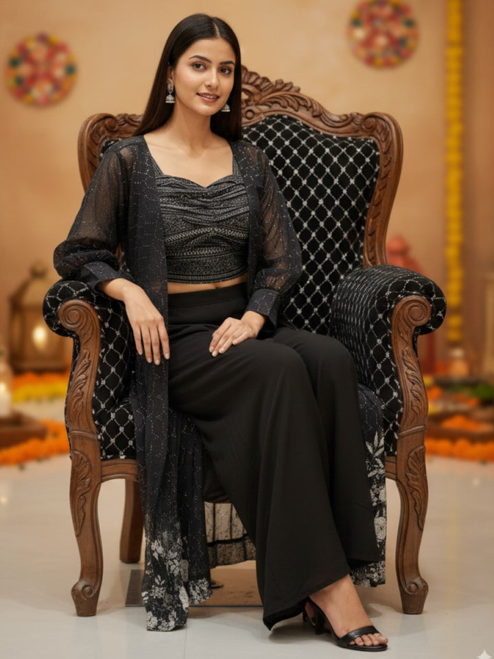 Floral Sequin Embroidered Jacket with Ikat Print Cinched Crop Top & Palazzo Set