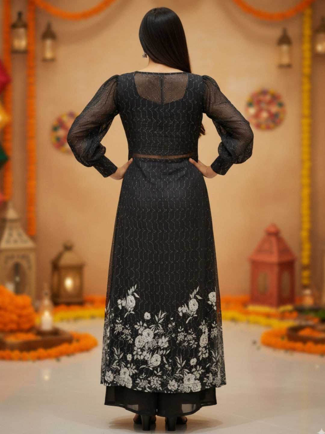 Floral Sequin Embroidered Jacket with Ikat Print Cinched Crop Top & Palazzo Set