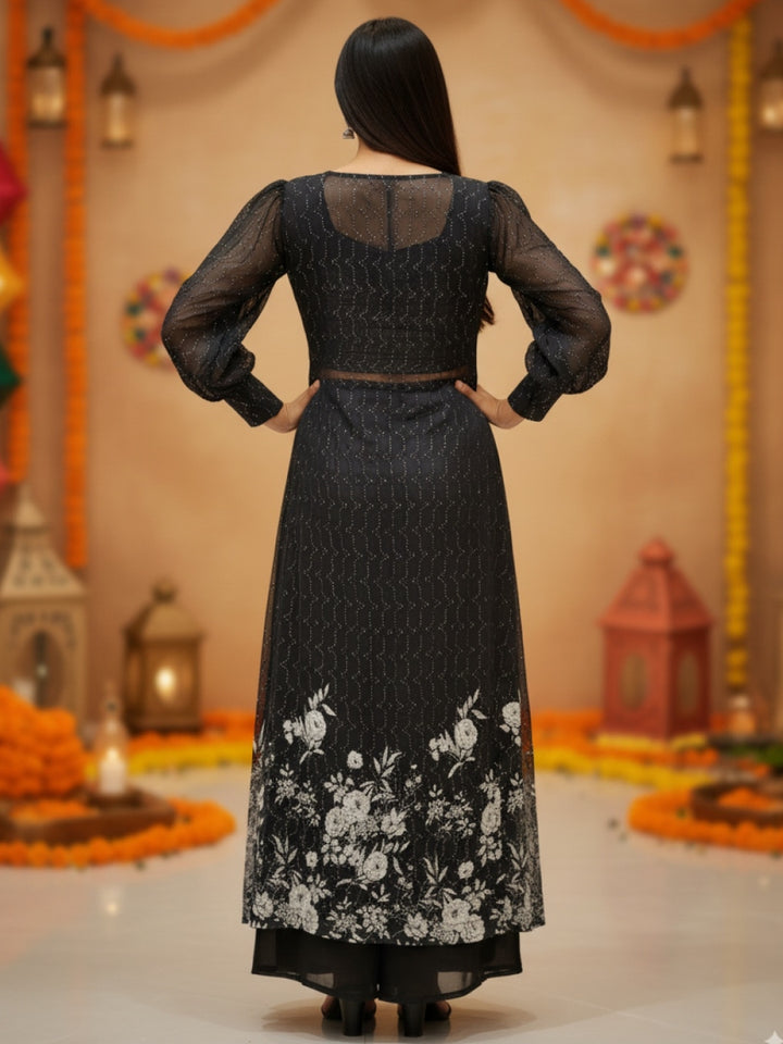 Floral Sequin Embroidered Jacket with Ikat Print Cinched Crop Top & Palazzo Set