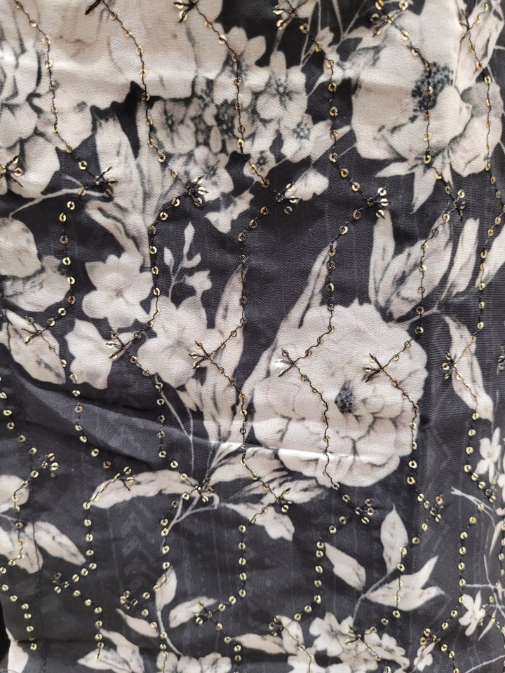 Floral Sequin Embroidered Jacket with Ikat Print Cinched Crop Top & Palazzo Set