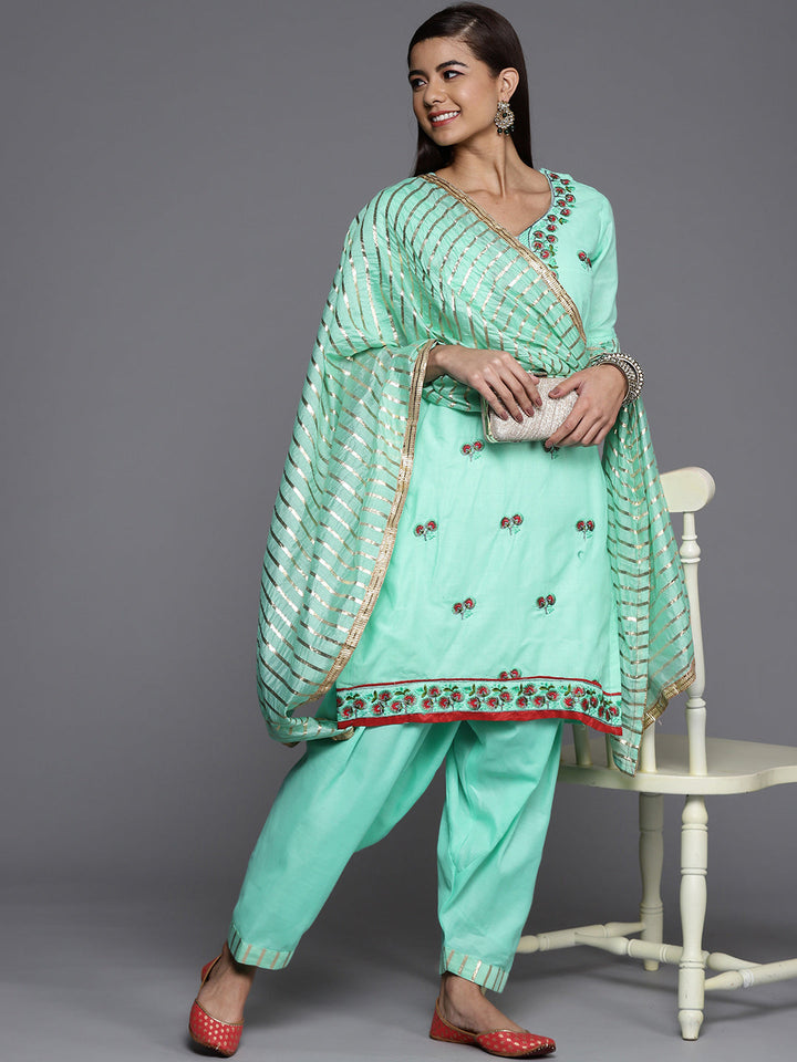 Cotton Embroidered Unstitched Suit Salwar Set With Embellish Duppatta