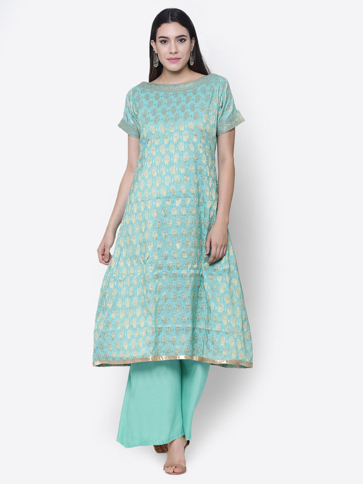 Turquoise Blue Chanderi Cotton  Zari Work Unstitched Dress Material With Dupatta