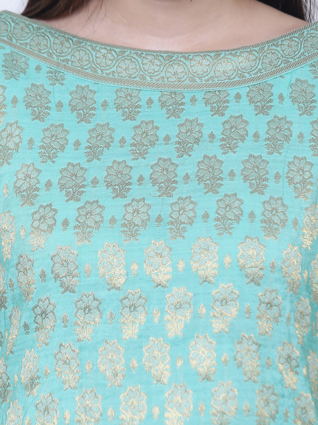 Turquoise Blue Chanderi Cotton  Zari Work Unstitched Dress Material With Dupatta