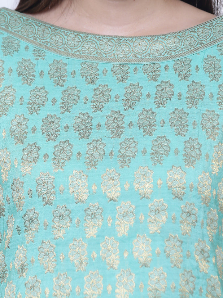 Turquoise Blue Chanderi Cotton  Zari Work Unstitched Dress Material With Dupatta