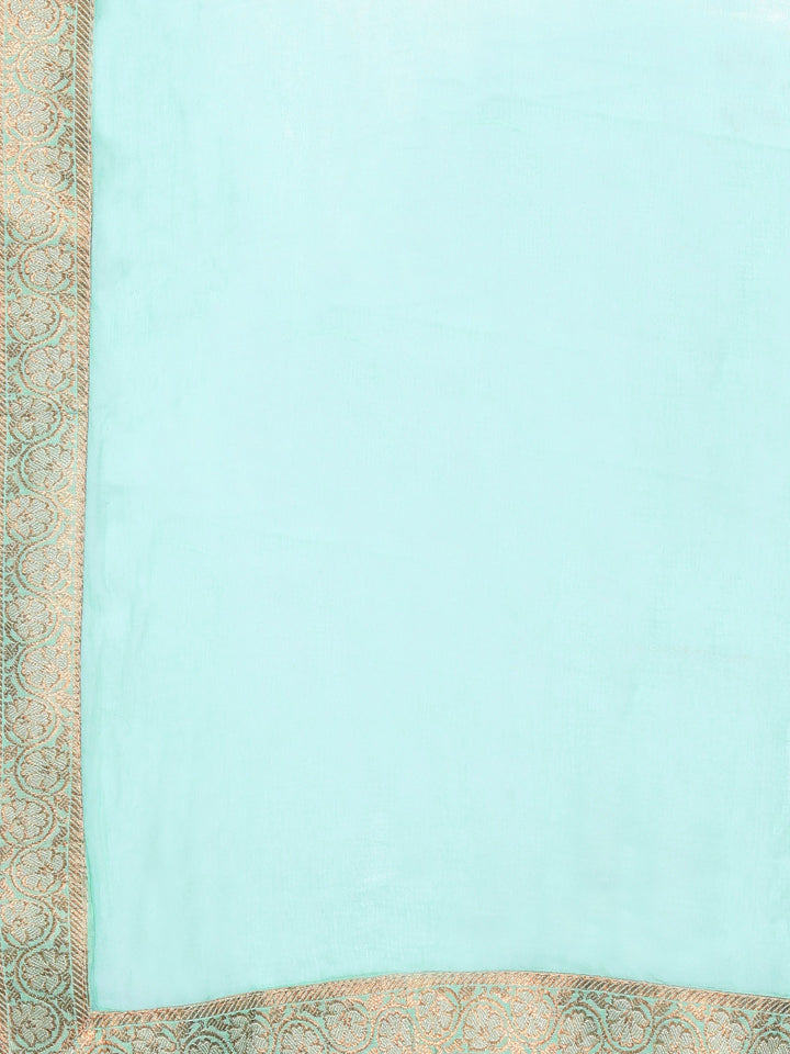 Turquoise Blue Chanderi Cotton  Zari Work Unstitched Dress Material With Dupatta