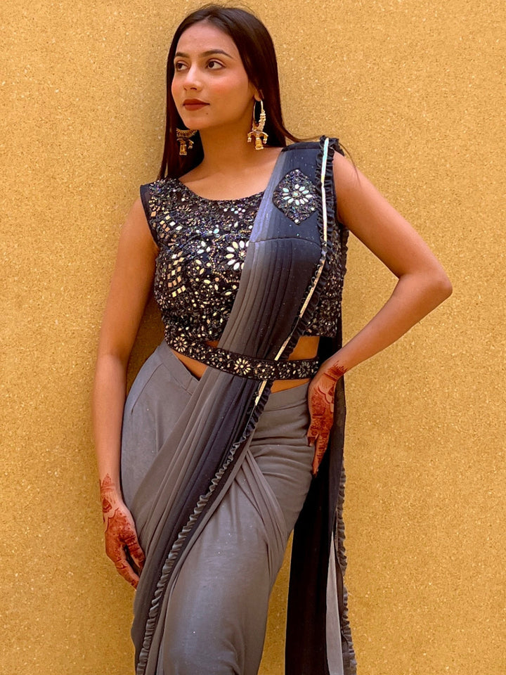 Pre Draped Ruffled Ombre Saree With Crystal Embellishments
