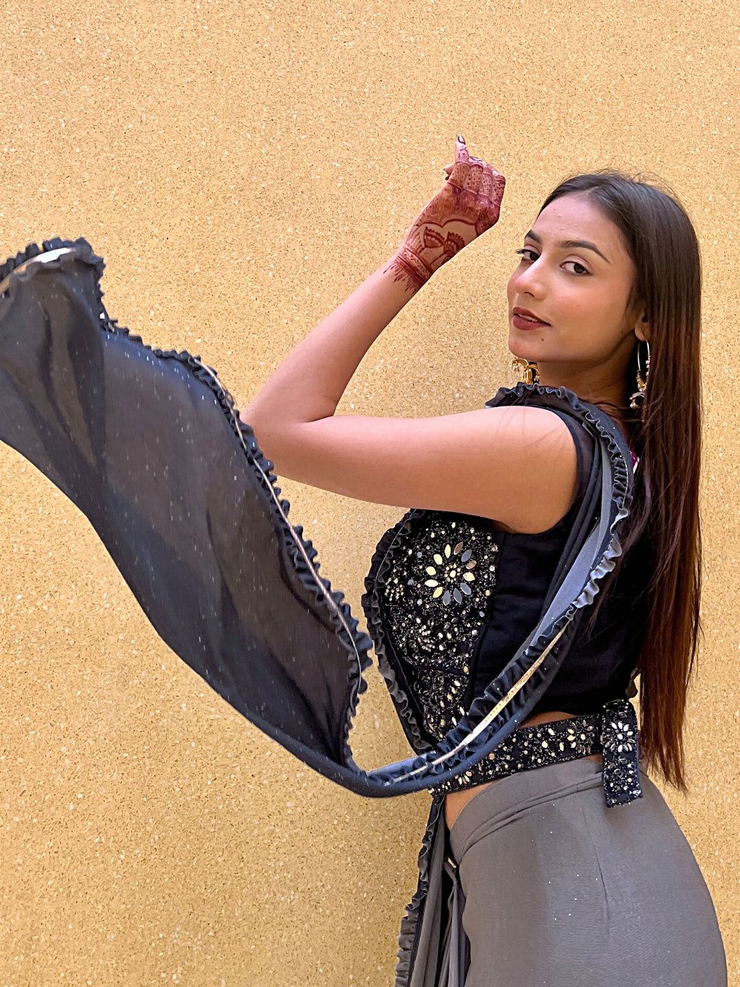Pre Draped Ruffled Ombre Saree With Crystal Embellishments