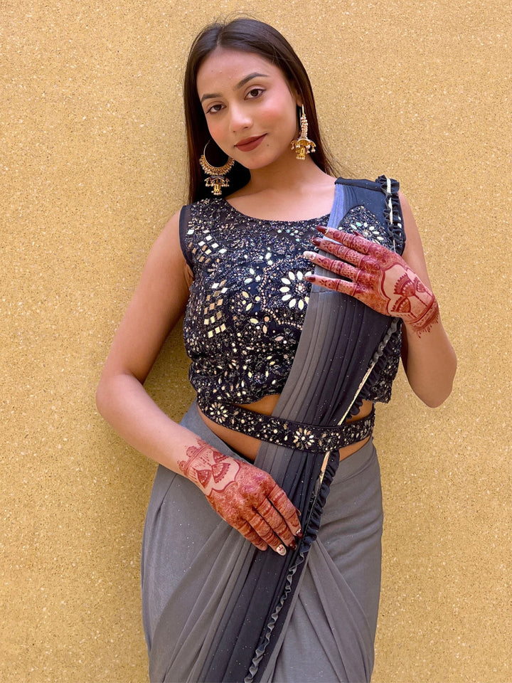Pre Draped Ruffled Ombre Saree With Crystal Embellishments