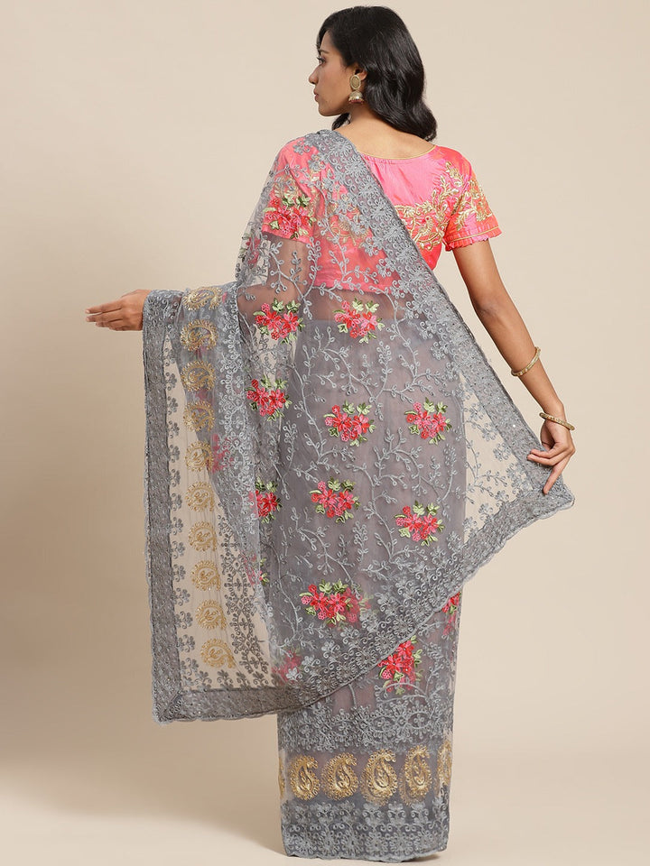 Resham Embroidered Saree with Scalloped border, Zari paisleys and crystal Embellishments