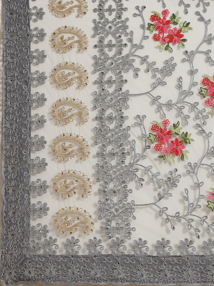 Resham Embroidered Saree with Scalloped border, Zari paisleys and crystal Embellishments