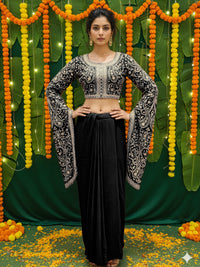 Aari Embroidered Crop Top with Statement Flared Bell Sleeves & Draped Dhoti Skirt