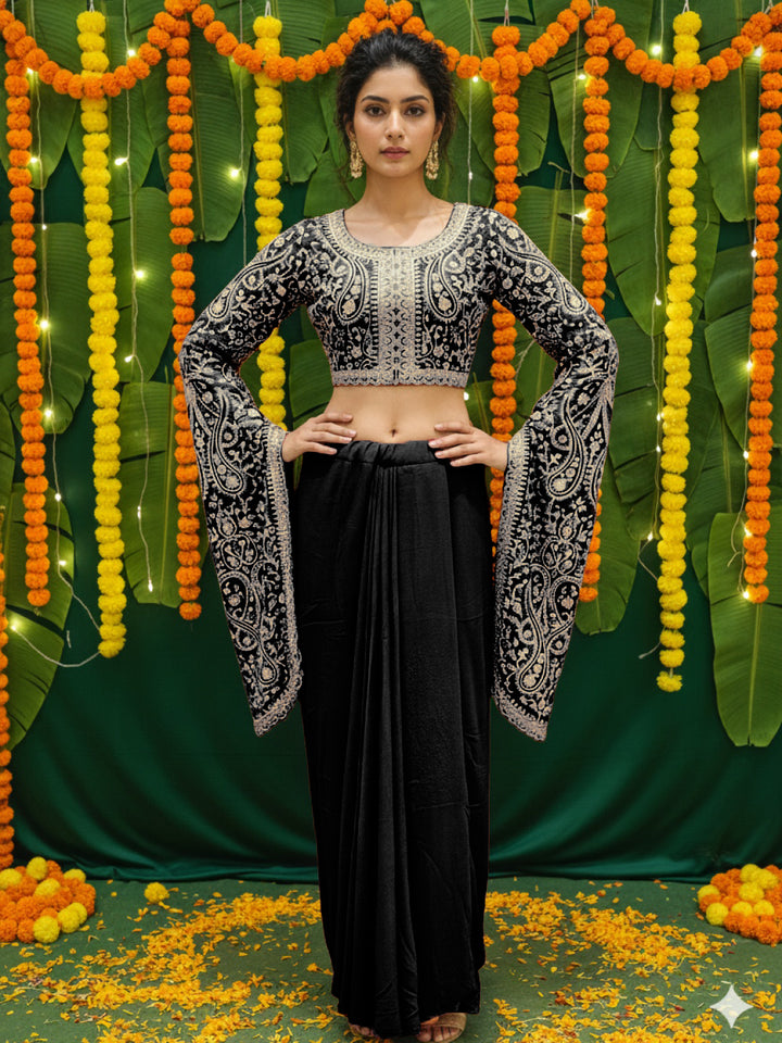 Aari Embroidered Crop Top with Statement Flared Bell Sleeves & Draped Dhoti Skirt