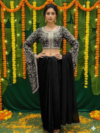Aari Embroidered Crop Top with Statement Flared Bell Sleeves & Draped Dhoti Skirt