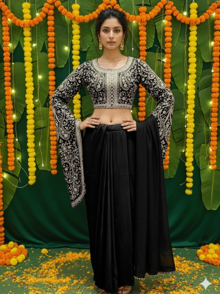 Aari Embroidered Crop Top with Statement Flared Bell Sleeves & Draped Dhoti Skirt