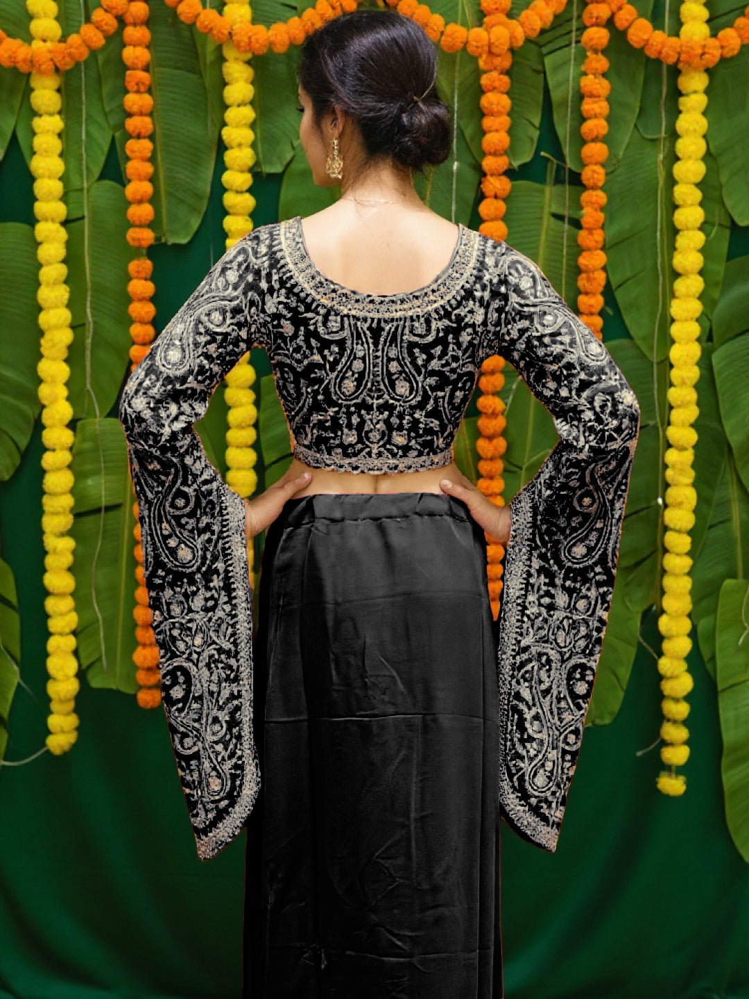 Aari Embroidered Crop Top with Statement Flared Bell Sleeves & Draped Dhoti Skirt
