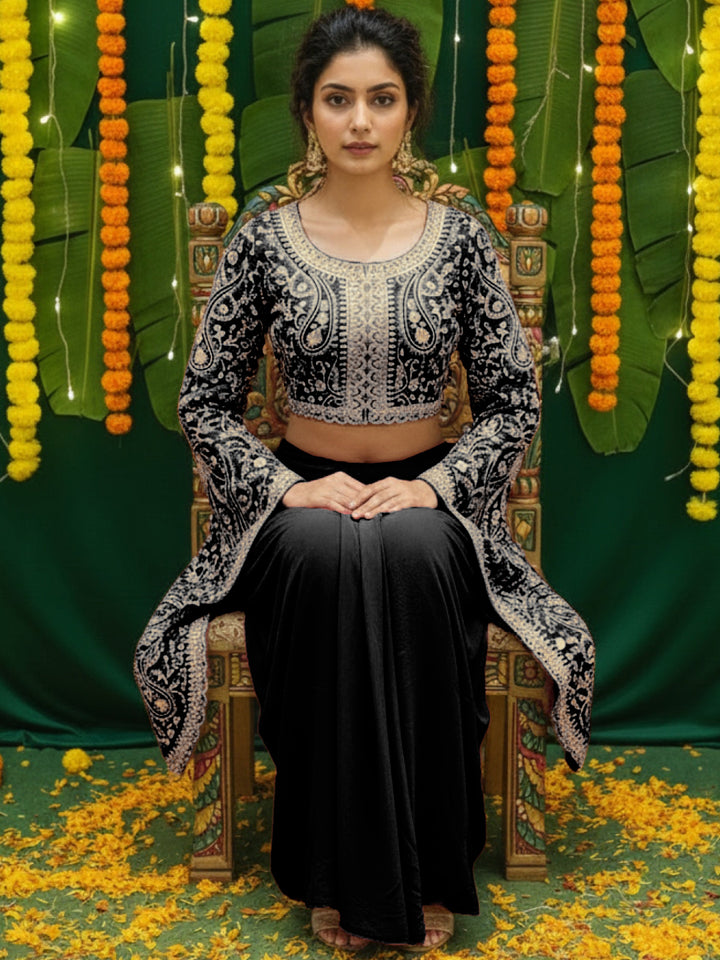 Aari Embroidered Crop Top with Statement Flared Bell Sleeves & Draped Dhoti Skirt
