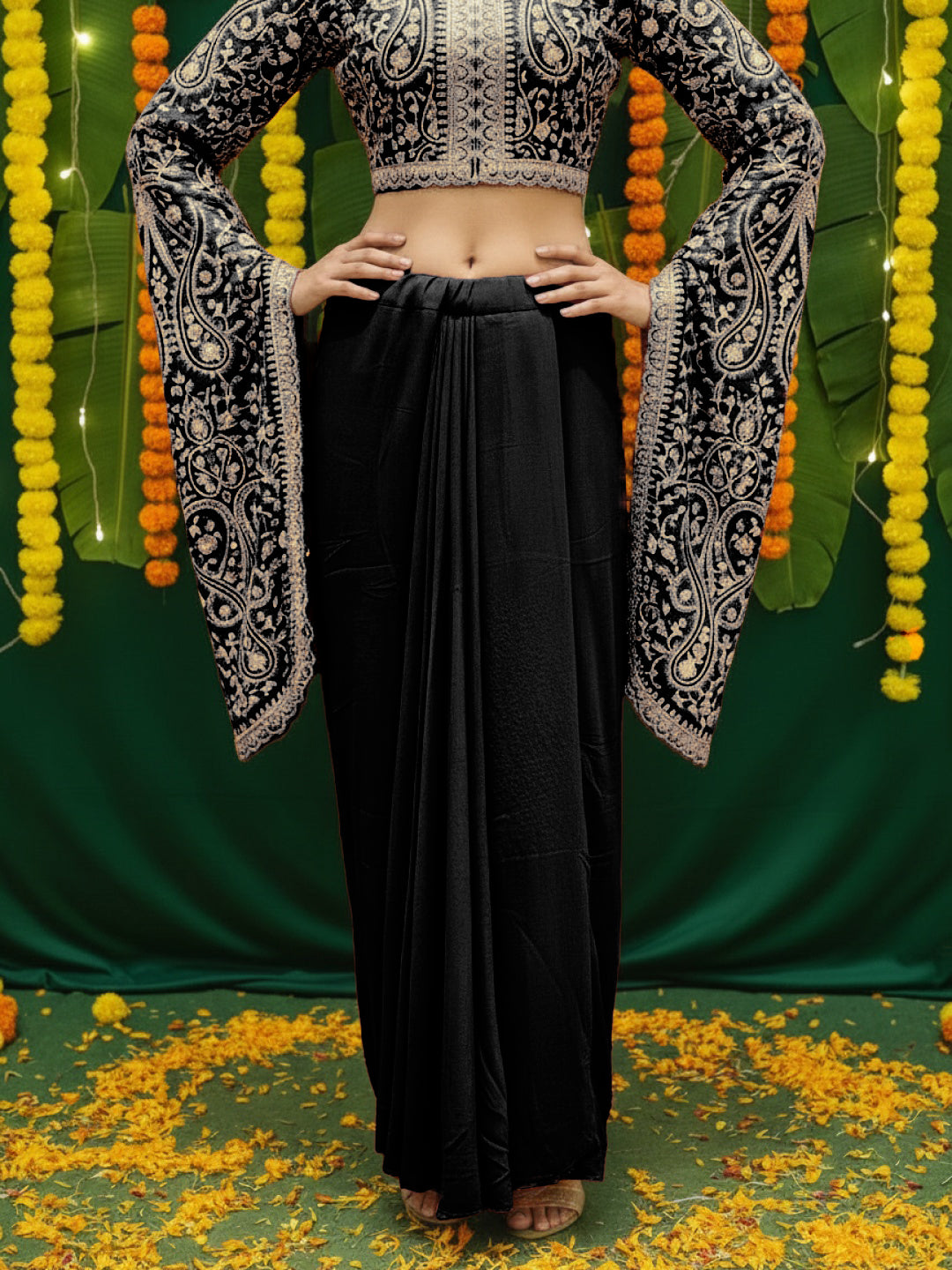Aari Embroidered Crop Top with Statement Flared Bell Sleeves & Draped Dhoti Skirt