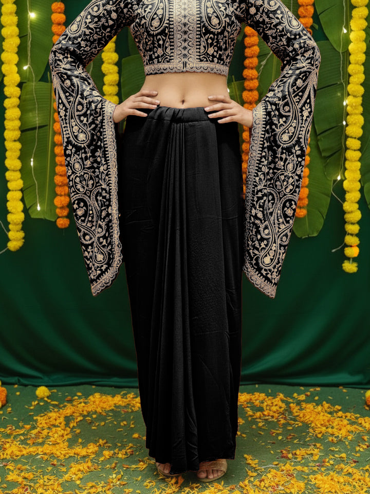 Aari Embroidered Crop Top with Statement Flared Bell Sleeves & Draped Dhoti Skirt