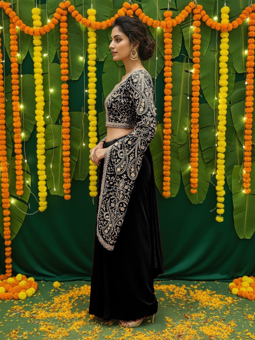 Aari Embroidered Crop Top with Statement Flared Bell Sleeves & Draped Dhoti Skirt