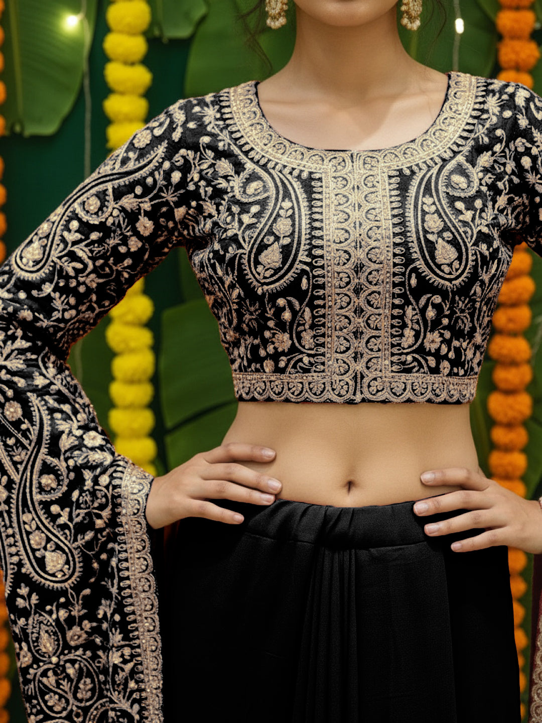 Aari Embroidered Crop Top with Statement Flared Bell Sleeves & Draped Dhoti Skirt
