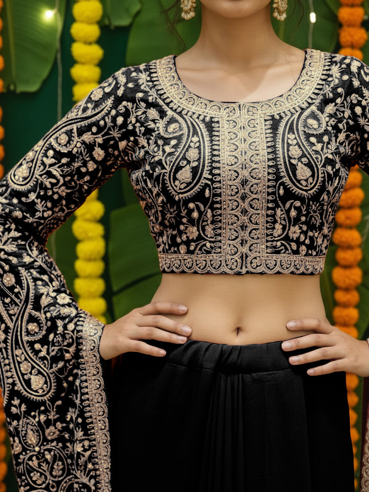 Aari Embroidered Crop Top with Statement Flared Bell Sleeves & Draped Dhoti Skirt