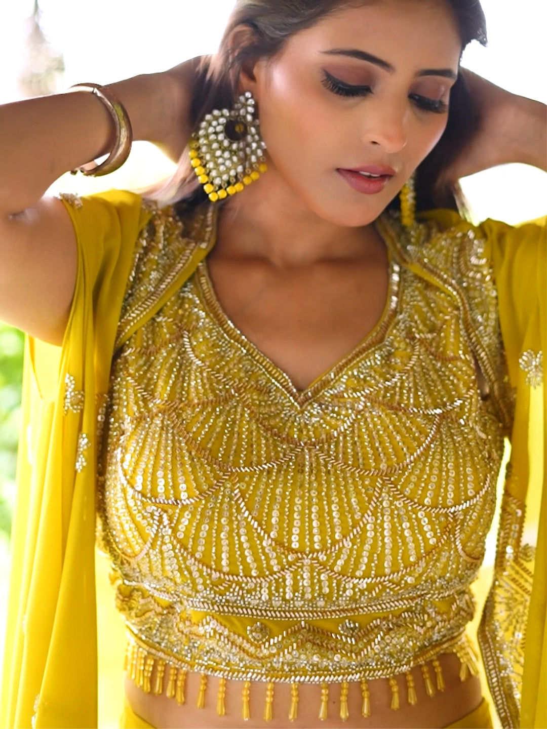 Jacket Style Indo-western set with Cut-dana & Sequin embroidery & Tasseled Crop Top