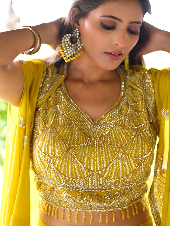 Jacket Style Indo-western set with Cut-dana & Sequin embroidery & Tasseled Crop Top
