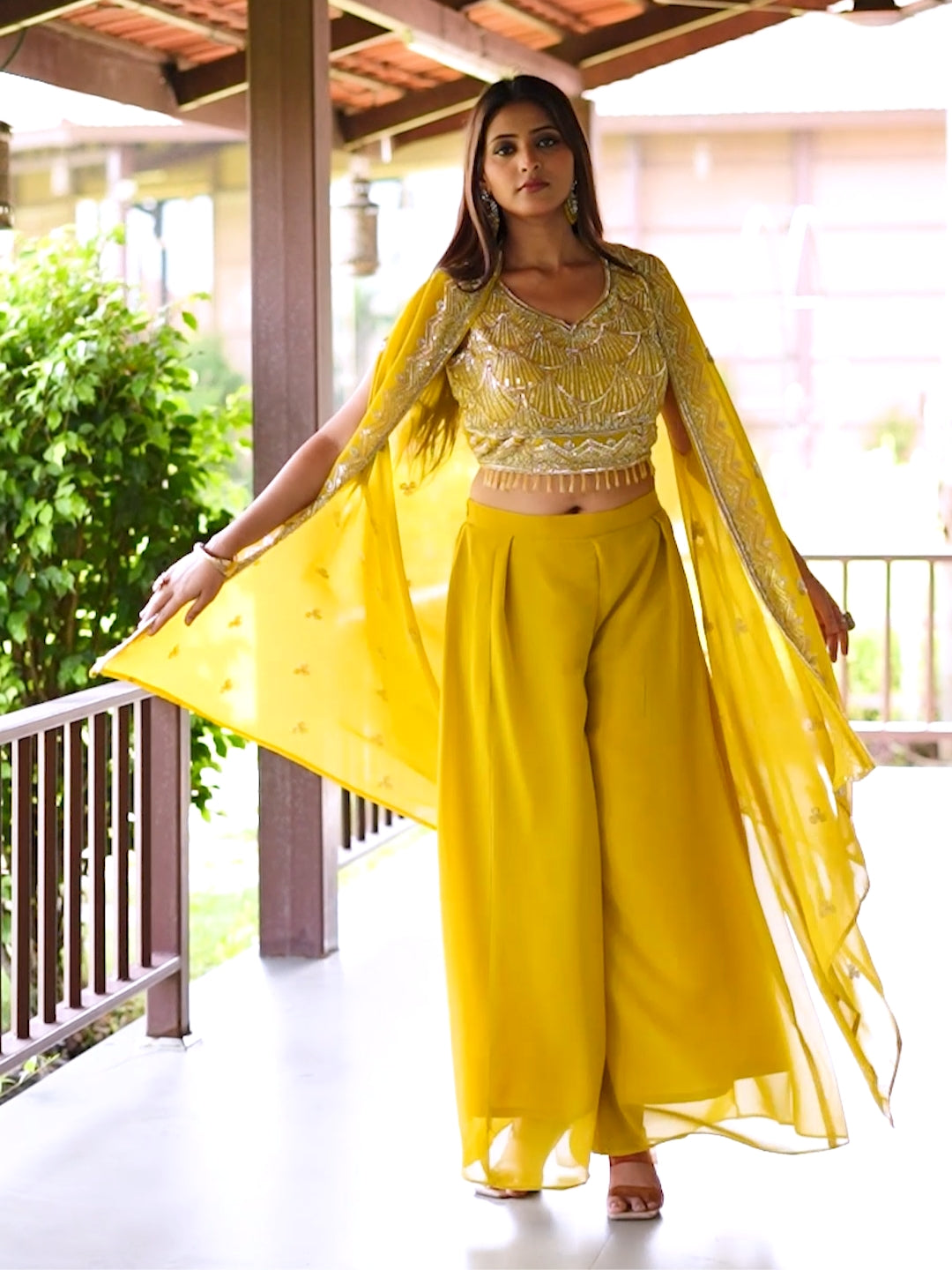 Jacket Style Indo-western set with Cut-dana & Sequin embroidery & Tasseled Crop Top