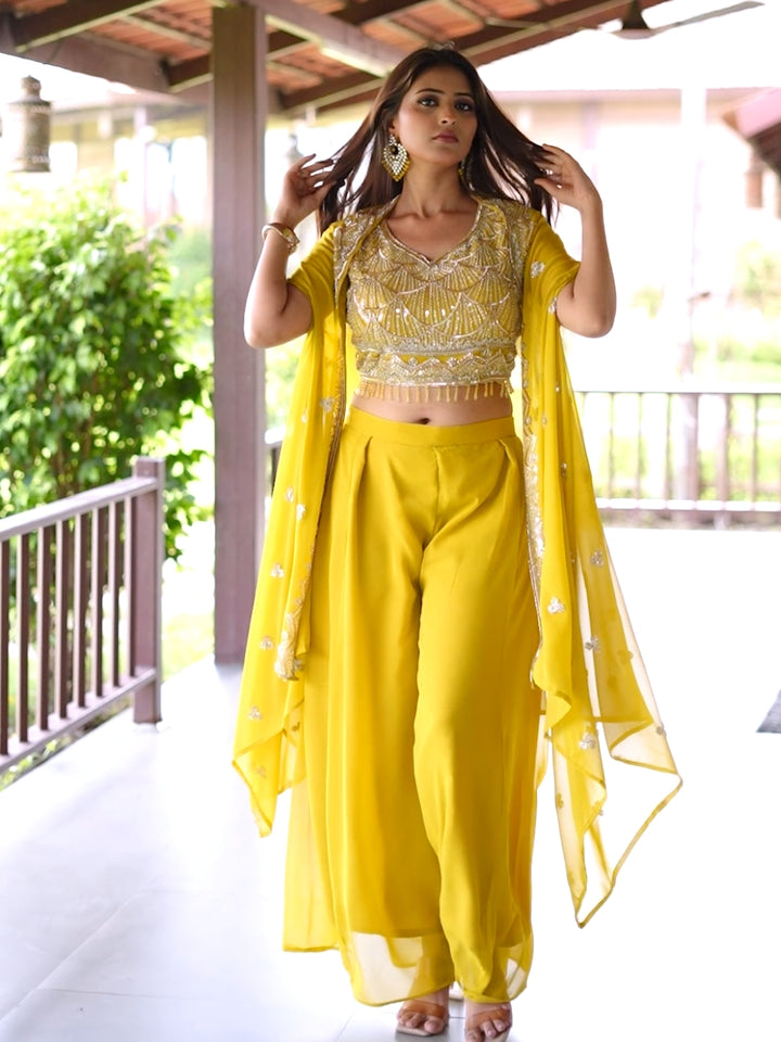 Jacket Style Indo-western set with Cut-dana & Sequin embroidery & Tasseled Crop Top