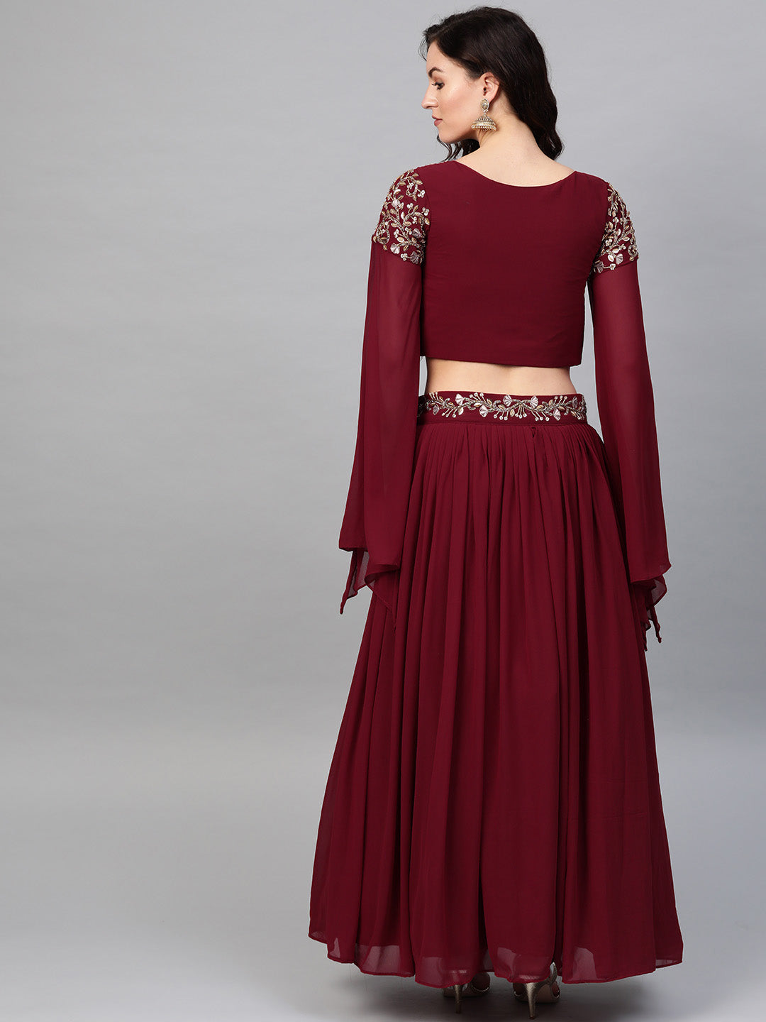 Embroidered Crop Top Lehenga with Flared Cape Style Sleeves