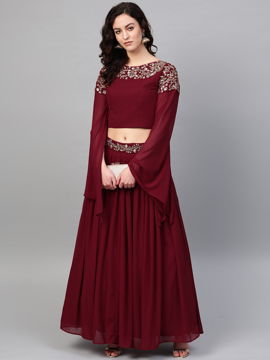 Embroidered Crop Top Lehenga with Flared Cape Style Sleeves