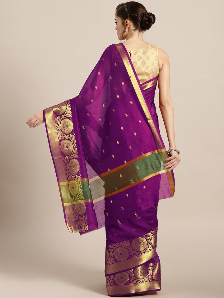 Banarasi Chanderi Silk Two Toned Wine Saree with Ethnic Mughal Motif and Contrast Pallu