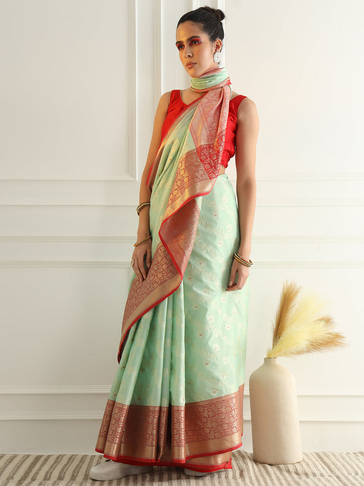 Colorblocked Banarasi Silk Saree with Meenakari Zari Floral Motifs